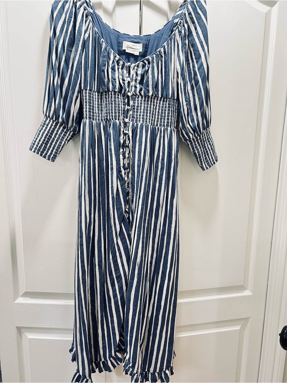 Anthropologie striped navy dress with fabric buttons